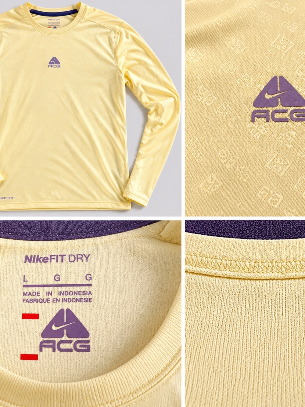 Nike Long Sleeve Dri-FIT Top in Pale Yellow with Purple Accents